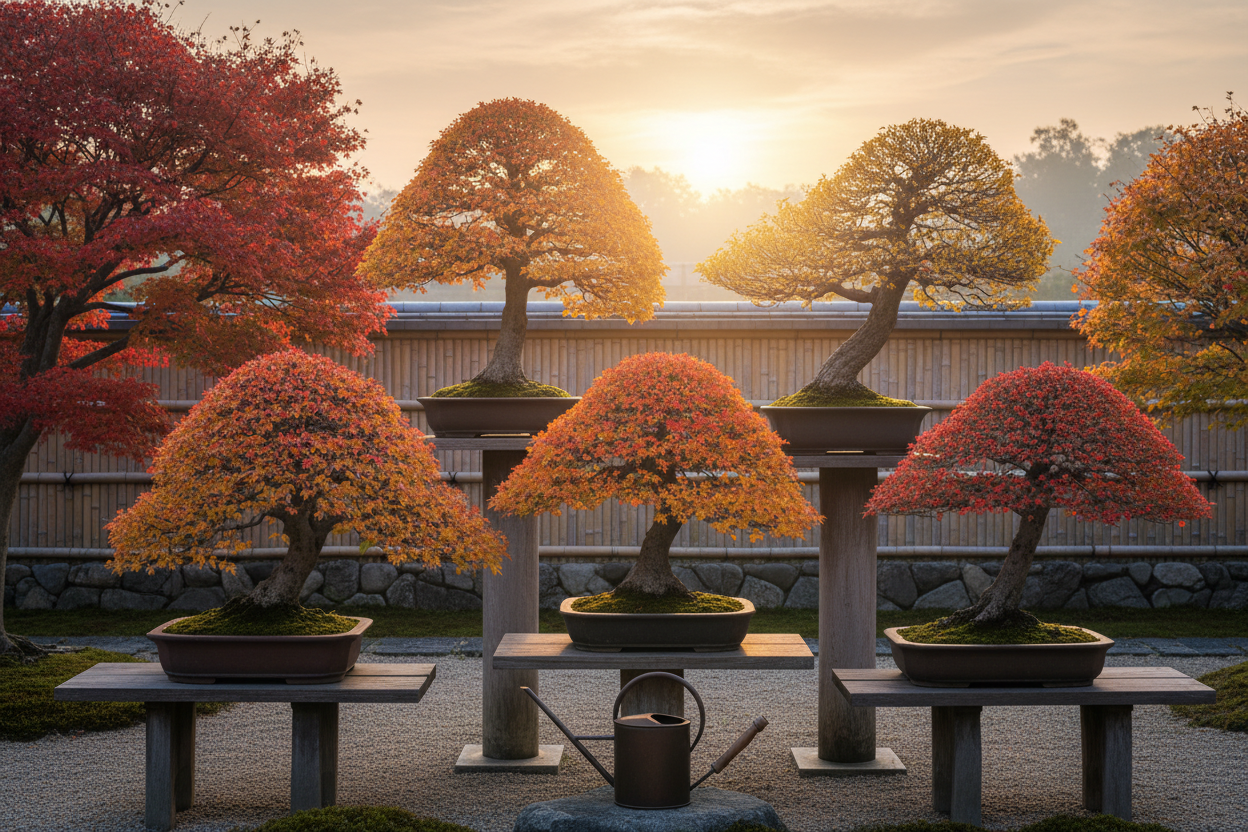 Herbst-Bonsai Szene mit aufgehender Sonne